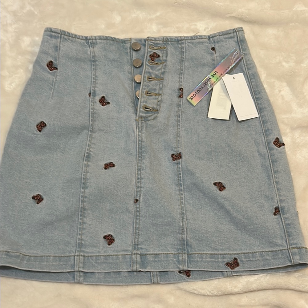 Embroidered Denim TinselTown Skirt - Blue